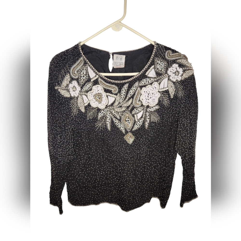 Together Black Beaded Sequins Holiday Formal Glamourous Top Size M